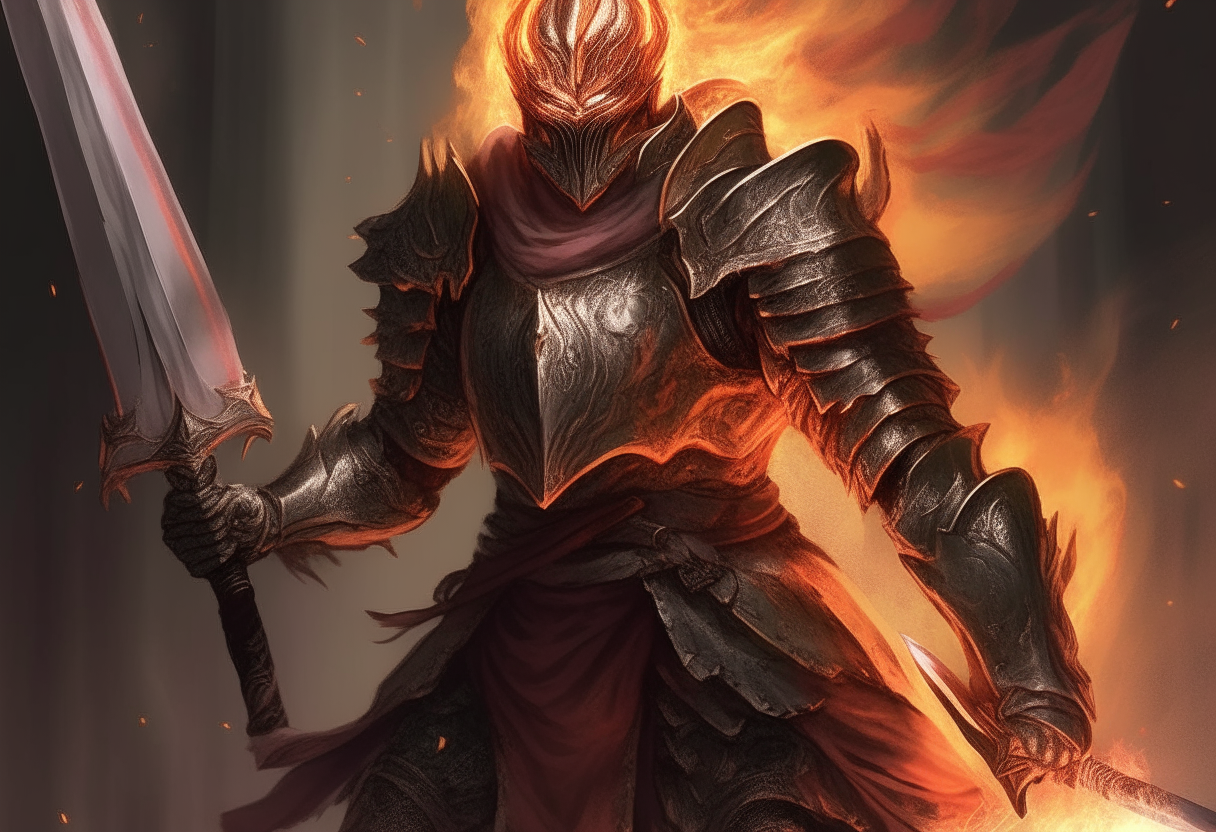 Ninurta in armor, brandishing a flaming sword, his face contorted in rage