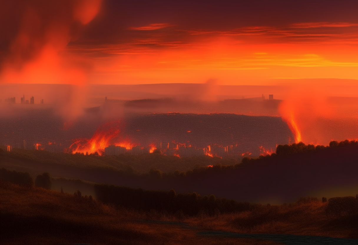 A burning city at dusk, seen from a hilltop, the orange glow of flames visible in the distance