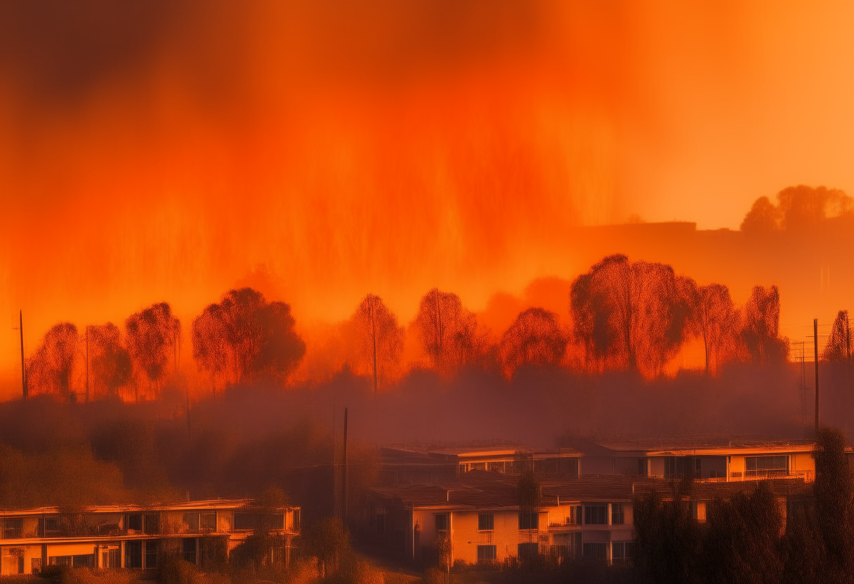 A landscape consumed by fire, trees and buildings engulfed in orange flames