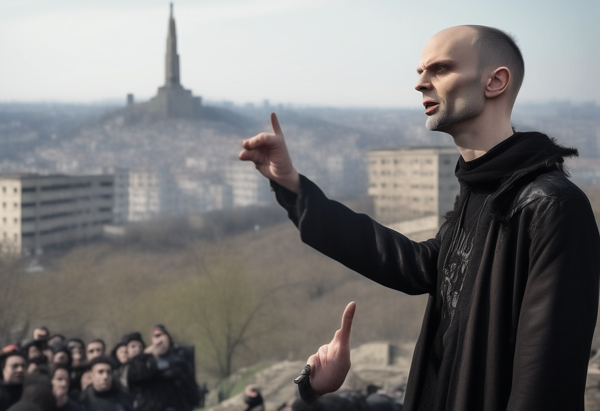 Nergal addressing a crowd, pointing to destroyed cities in the distance