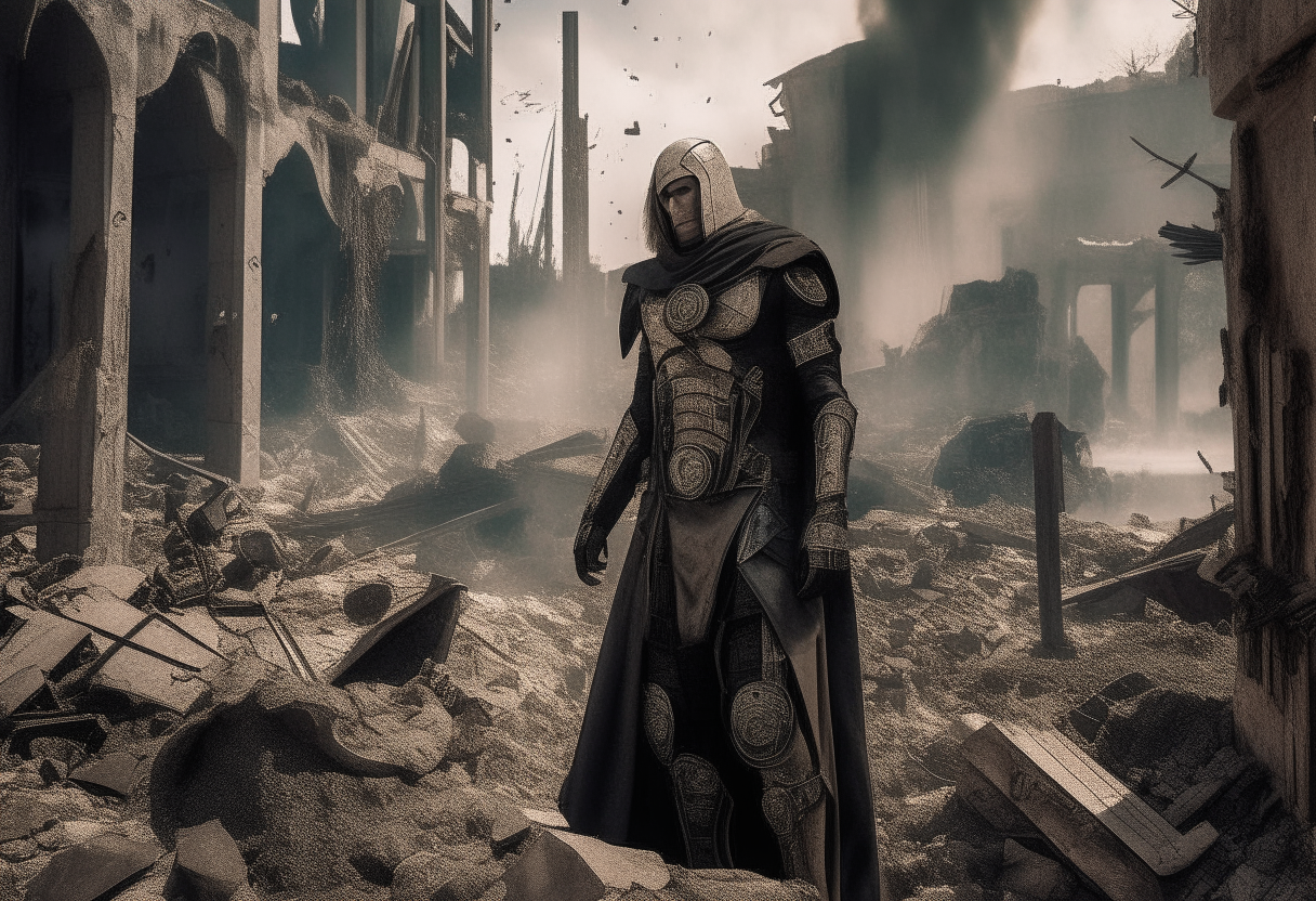 Nergal amidst the ruins of a city, his armor and weaponry stained with soot