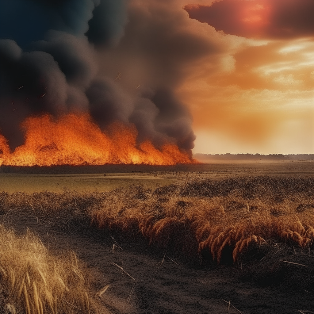 Vast agricultural lands are consumed by spreading flames from a technological disaster