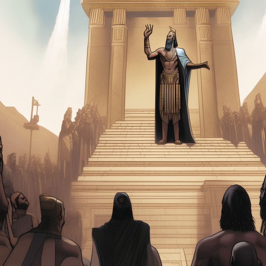 God Nergal addresses other gods from a balcony in a towering ziggurat city hall