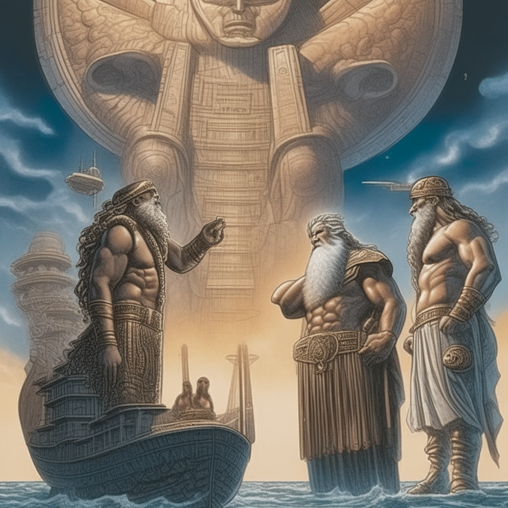 Majestic gods Marduk and Nabu debate access to a towering celestial ship