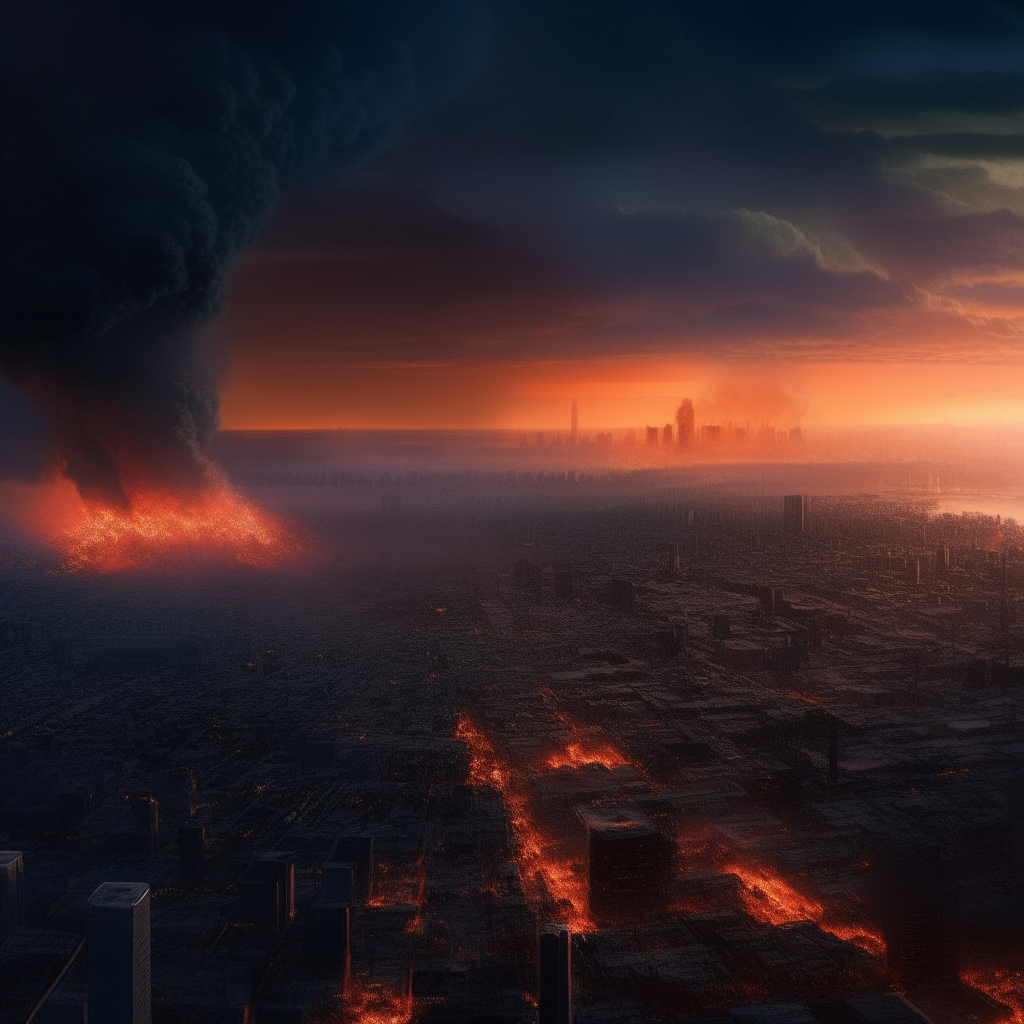 A sprawling city burns at dusk under a technologically advanced sky