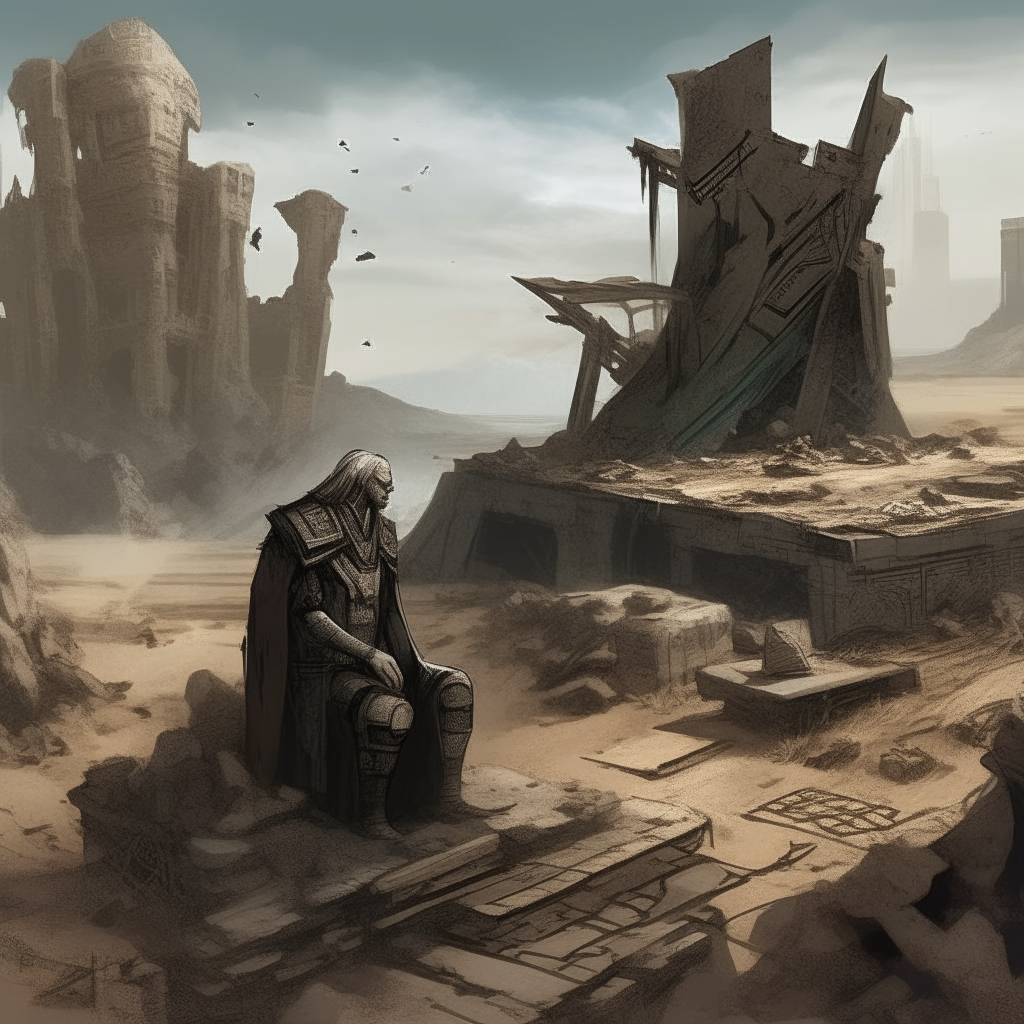 God Nergal surveys ruins of an epic scale, scattered with remnants of lost technology