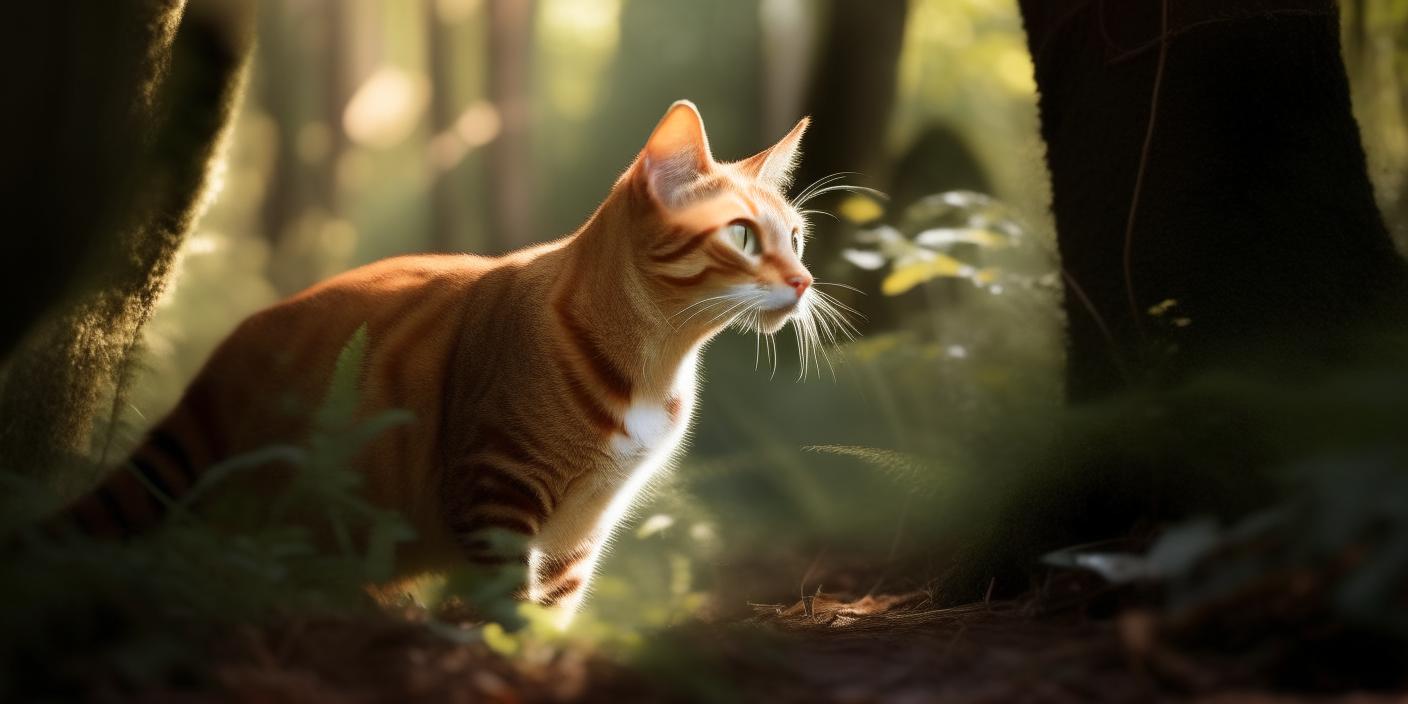 A cute orange tabby cat exploring a forest undergrowth, sunlight filtering through the trees