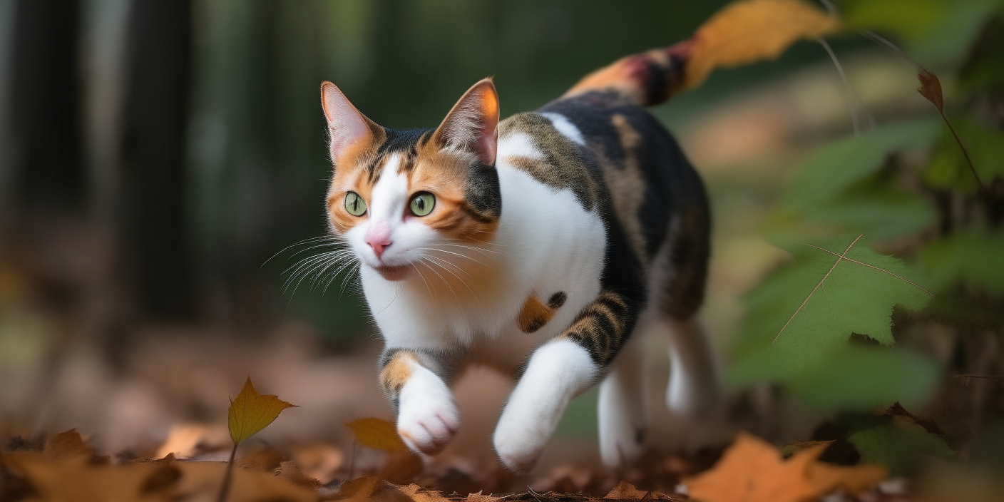 A playful calico cat pouncing on a leaf in a forest clearing