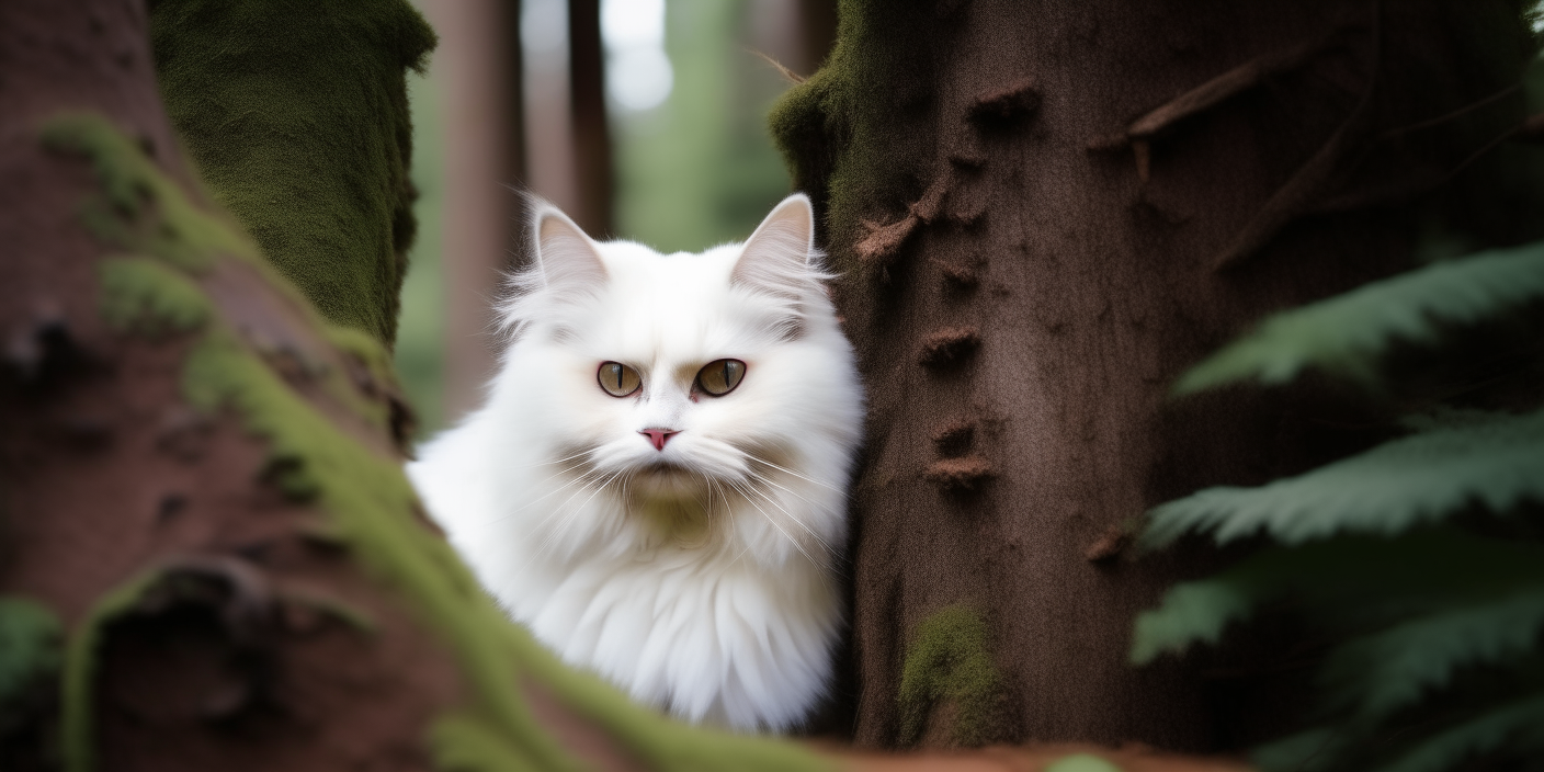A fluffy white cat peering out from behind a tree trunk in a pine forest
