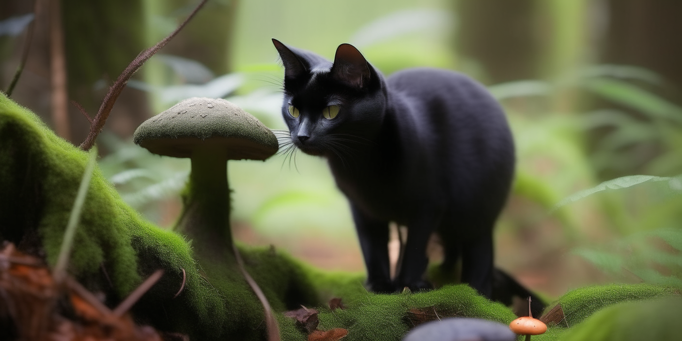 A curious black cat investigating a mushroom in a mossy forest