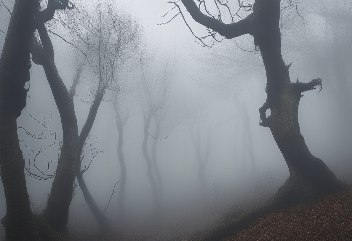 An eerie, foggy forest with gnarled bare trees and thorny bushes, inspired by Dante's depiction of the dark wood in the Divine Comedy