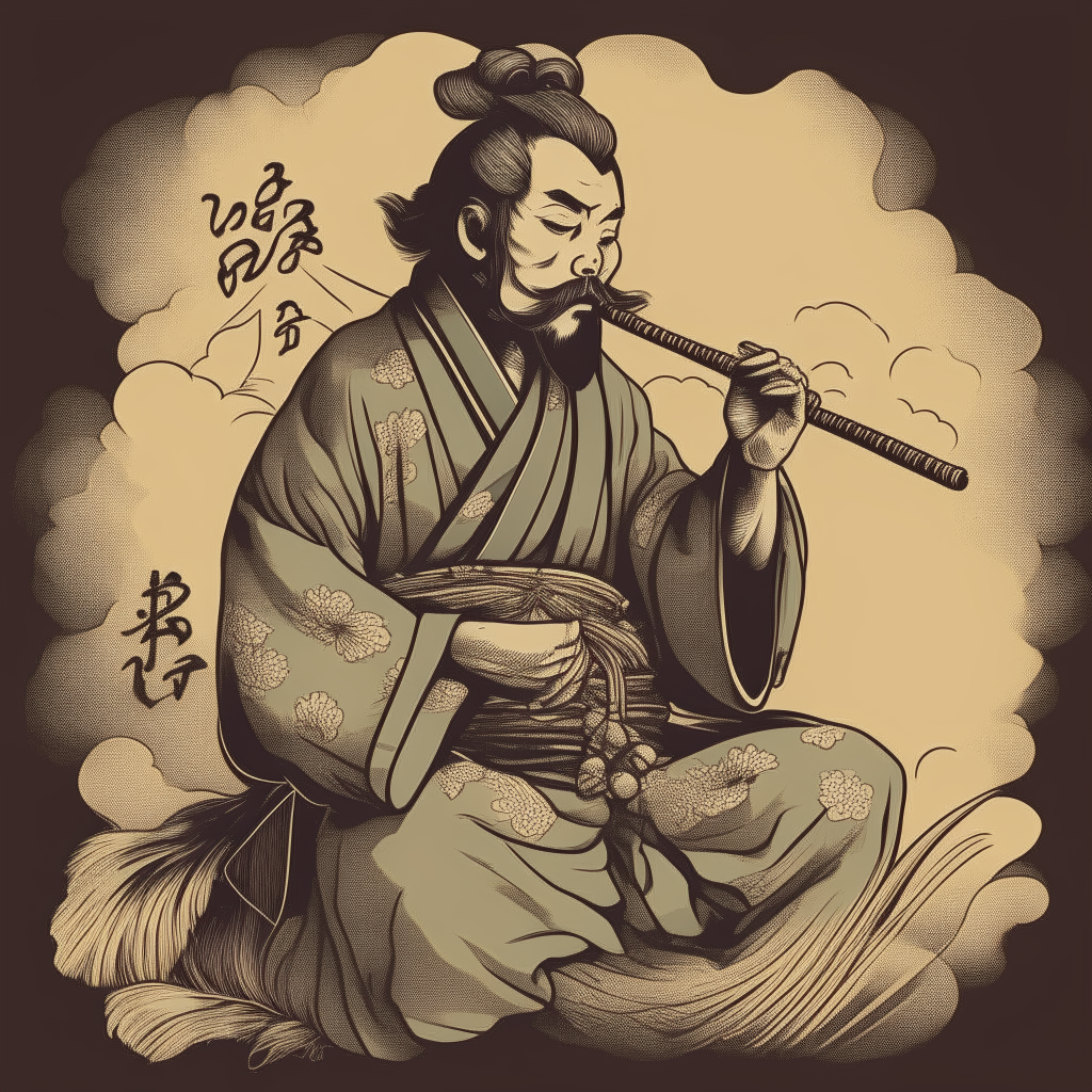 a samurai smoking a pipe in drawn in a traditional japanese style