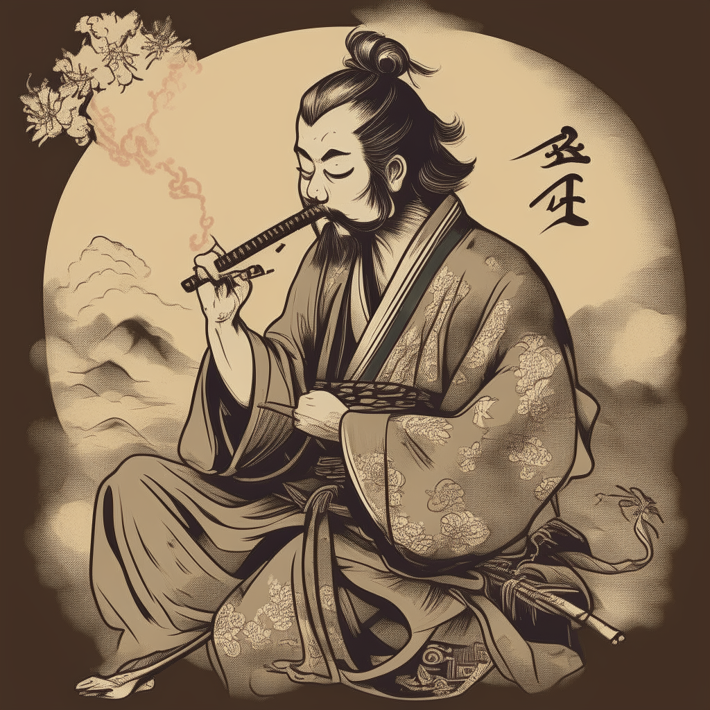 a samurai smoking a pipe in drawn in a traditional japanese style