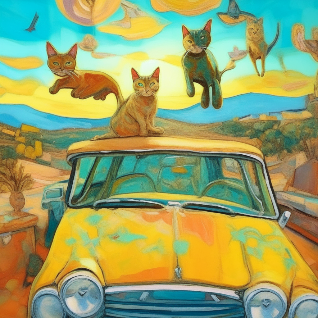 Paint morning ibiza, year 2205, flying cars, cats, van gogh style