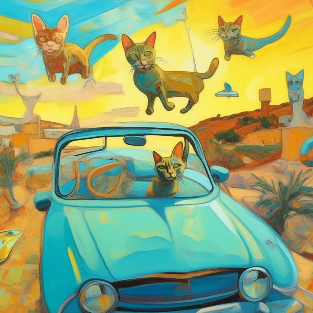 Paint morning ibiza, year 2205, flying cars, cats, van gogh style