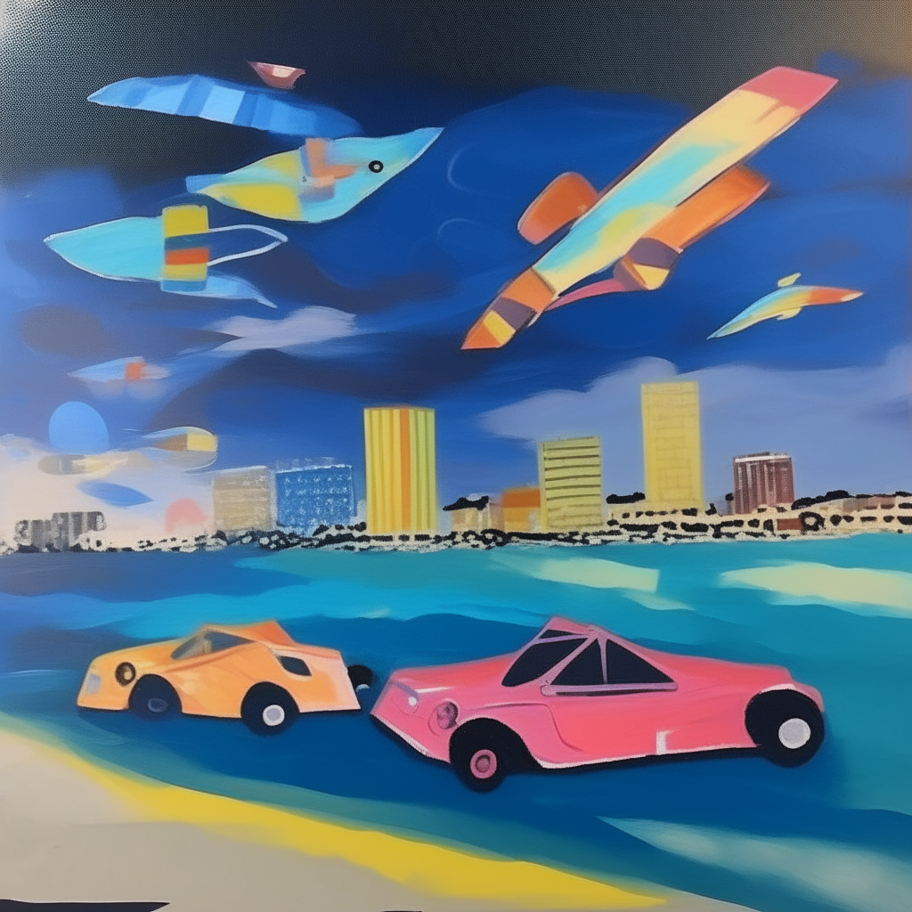 Paint night miami beach, year 305, flying cars, kandinski style