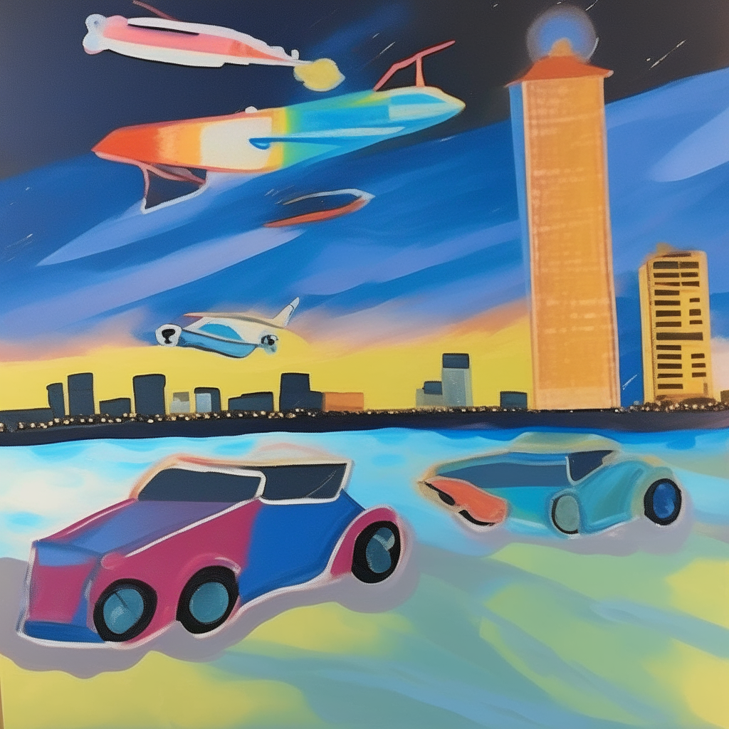Paint night miami beach, year 305, flying cars, kandinski style