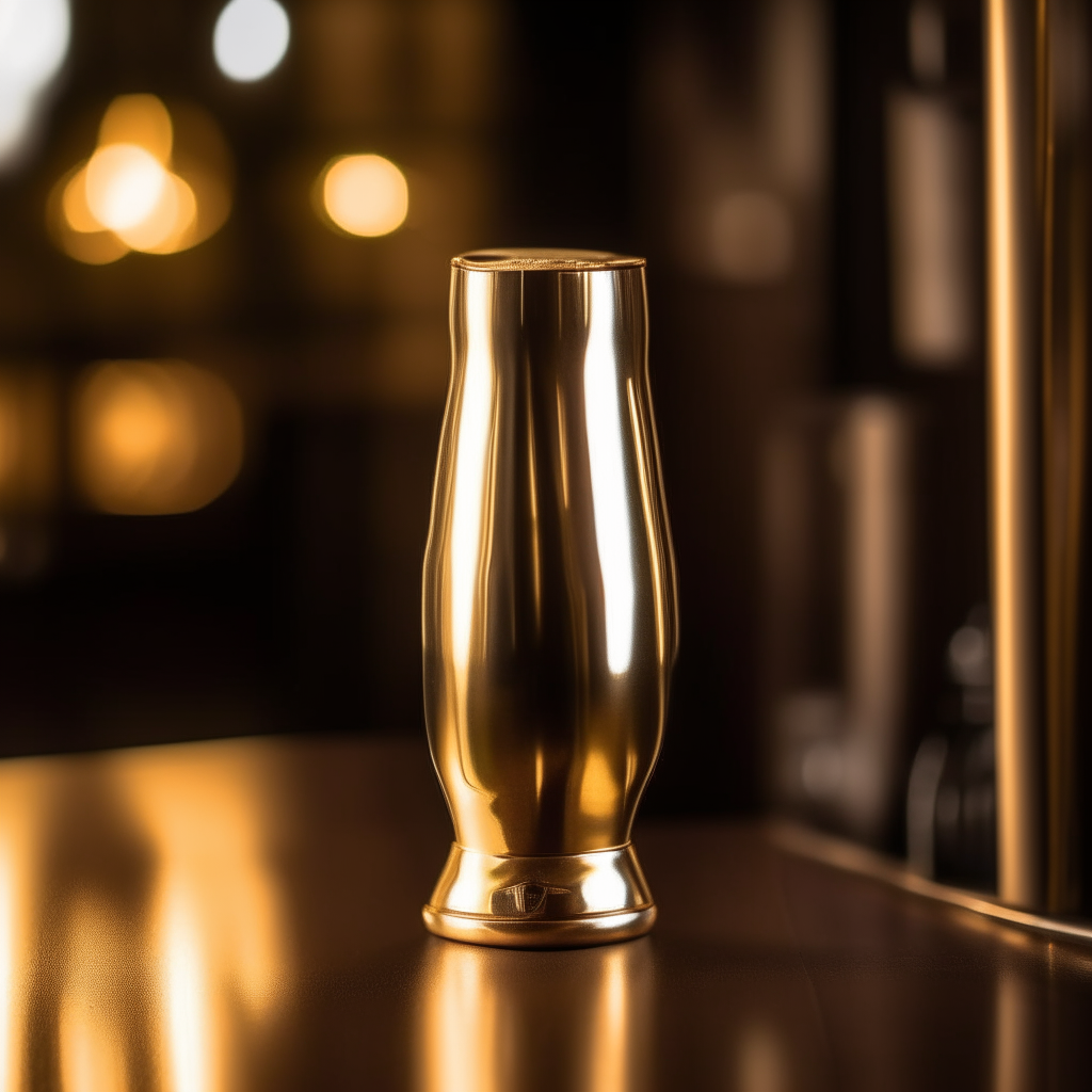 close-up photo of a gold Boston shaker on a wooden table, soft warm lighting from the side