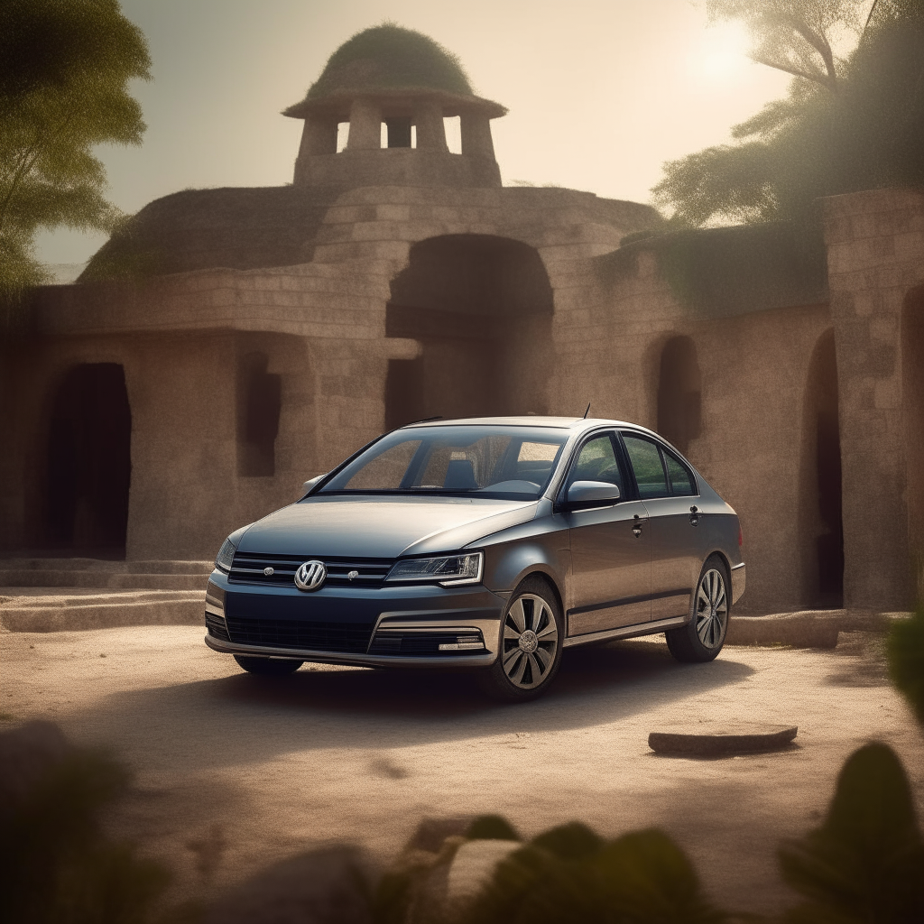 3D rendering of the exterior of a generic Volkswagen Vento car Captured with a Nikon D850 with a 70-200mm lens, with a background of Mayan ruins, studio lighting, photo realistic, soft shadow, 8K, Ultra-HD, Super Resolution – ar 16:9 –v 5.2 –raw style –s 750
