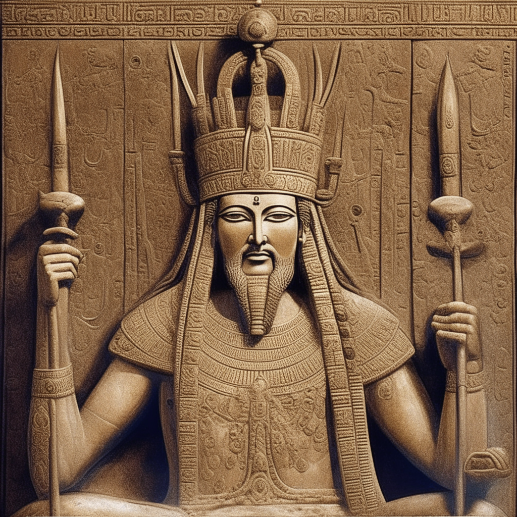 The god Enlil, depicted in majestic attire with a crown, announces he will reveal the secret hiding place of terror weapons from an advanced civilization