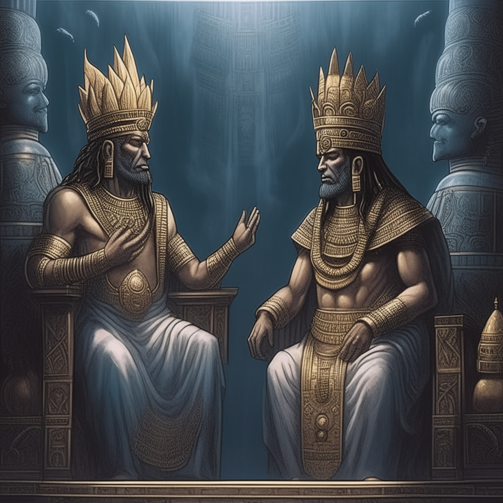 Marduk and Nabu, depicted as gods in majestic attire with crowns, discuss depriving others of their heritage in an advanced celestial spaceship civilization