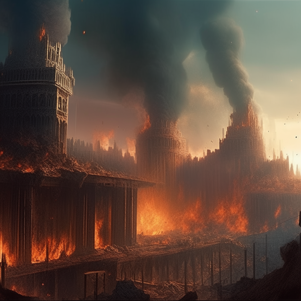 A majestic celestial city burns and is destroyed into oblivion