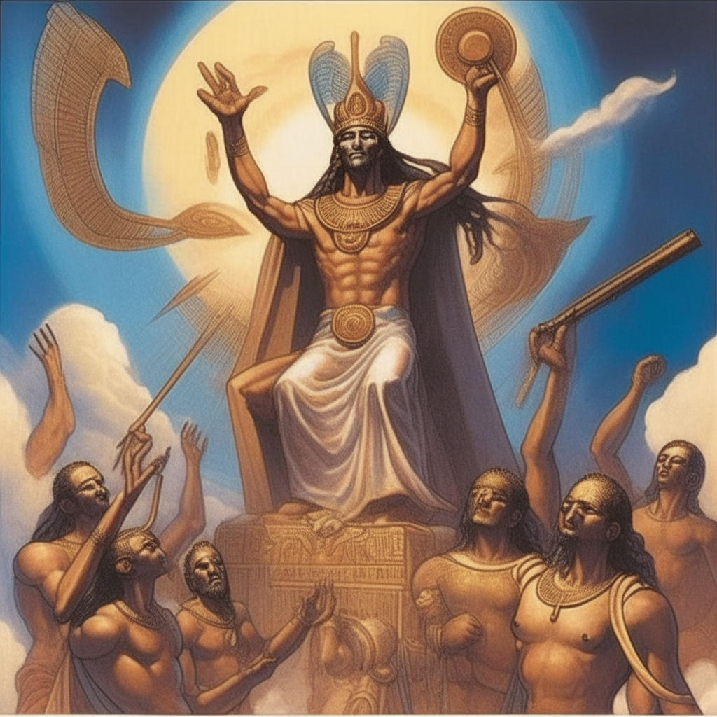 Anu depicted as a god announcing from heaven that terror weapons should be used and to let Ninurta and Nergal be the ones to trigger them