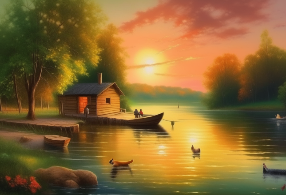 Depicted in a tranquil lake shaded by green trees, with a small wooden house, a boat, and a sunset on the shore, a group of pets, realistic and colorful brushstrokes, warm and vibrant colors