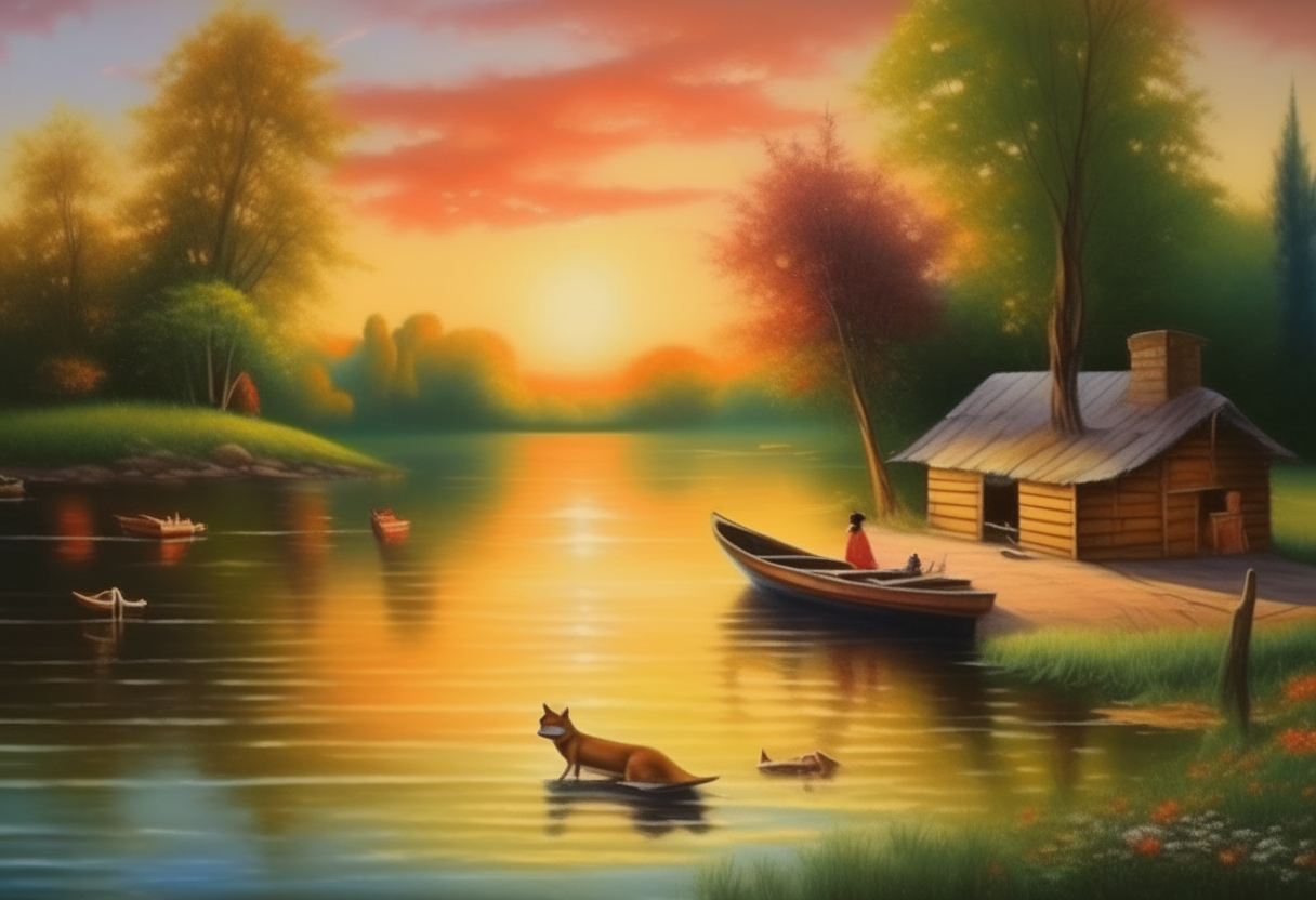 Depicted in a tranquil lake shaded by green trees, with a small wooden house, a boat, and a sunset on the shore, a group of pets, realistic and colorful brushstrokes, warm and vibrant colors