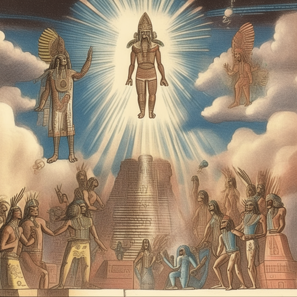 Depiction of Anunnaki gods descending from the heavens to Earth to create humanity