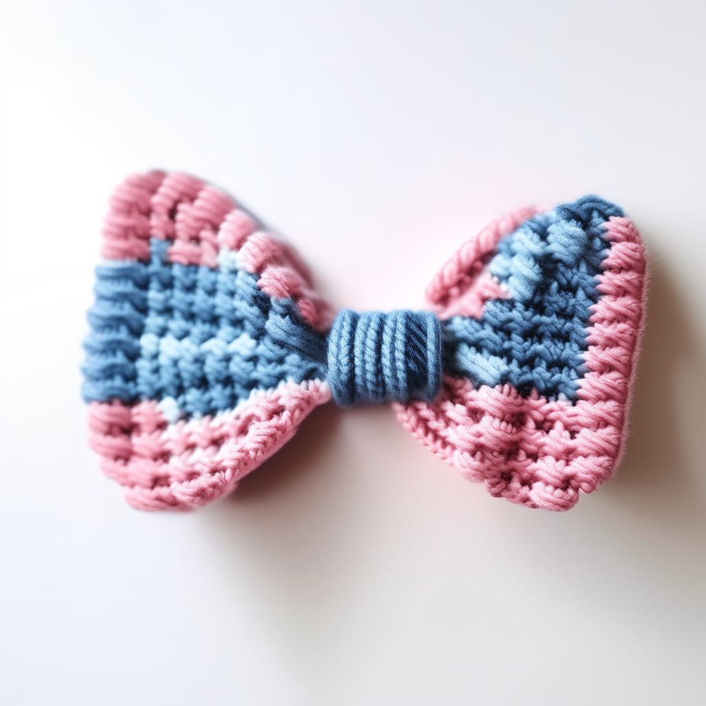 a close-up photograph of a pink and blue striped crocheted bow tie on a white background