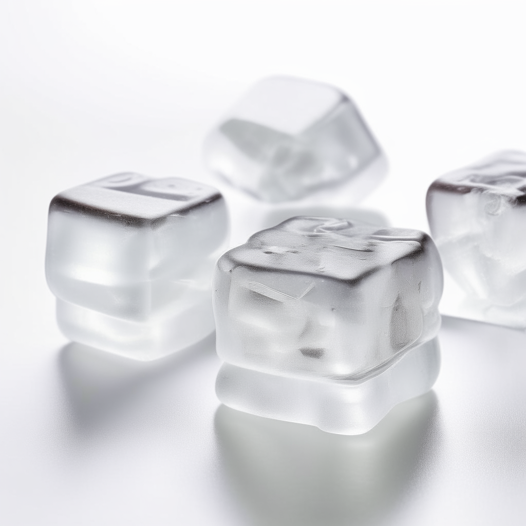a photograph of clear ice cubes on a plain white surface