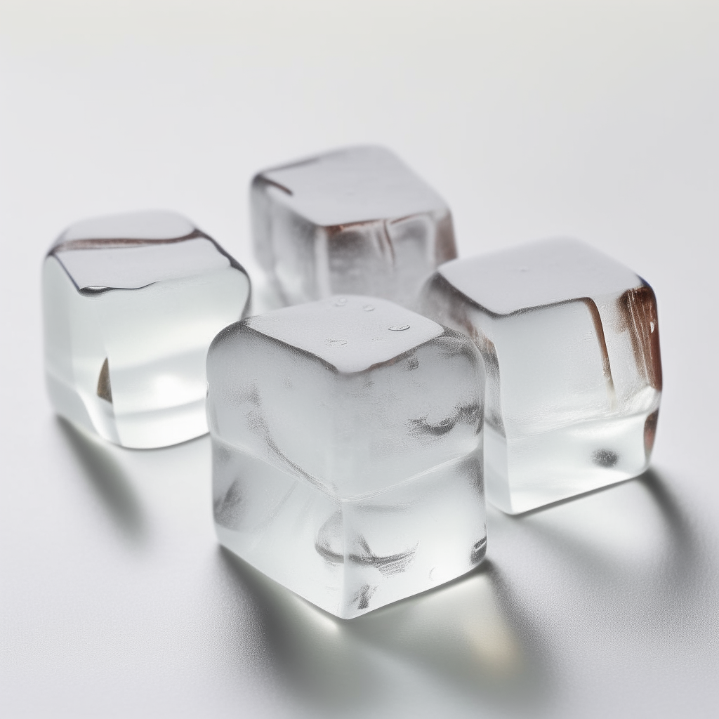 a photograph showing six clear bar-shaped ice cubes arranged on a plain white surface