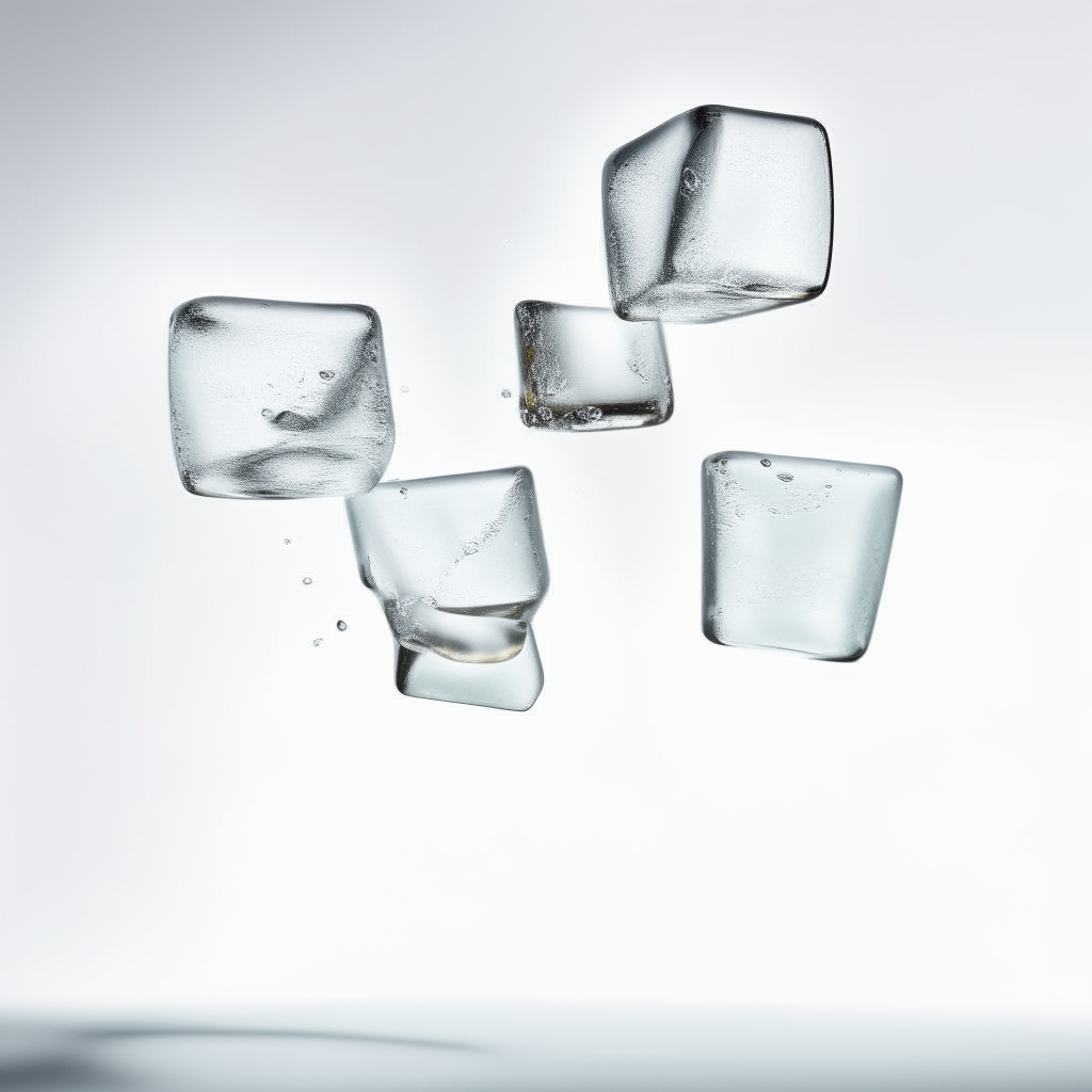 a surreal photograph showing six clear bar-shaped ice cubes floating in mid-air against a white background