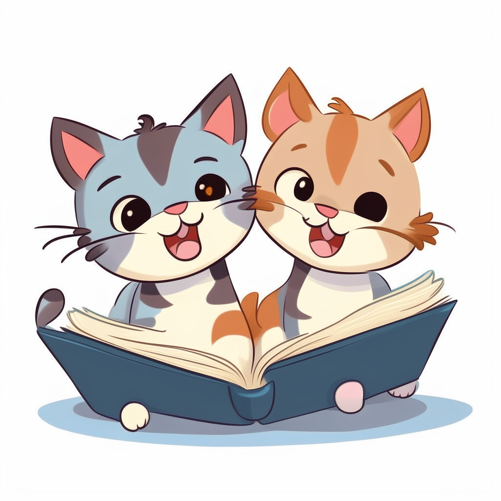 Two cartoon kittens smiling happily while sitting on an open book