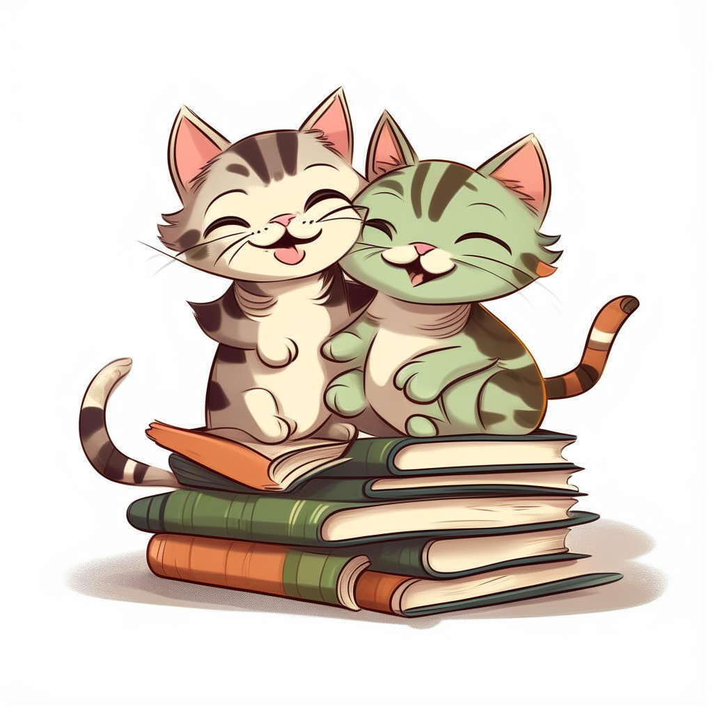 Two cartoon kittens giggling playfully while sitting on a stack of books