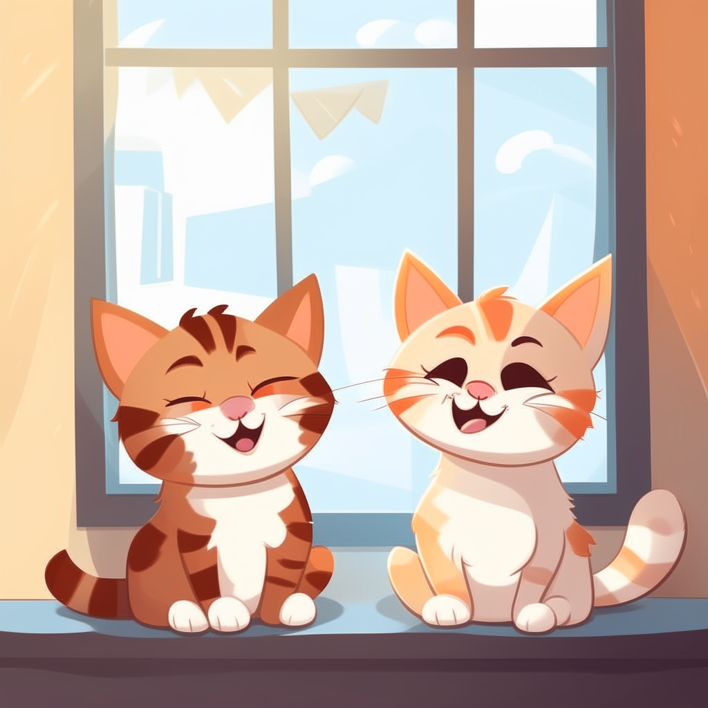 Two cartoon kittens smiling happily while sitting on a sunny windowsill