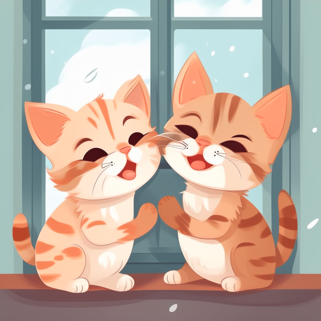 Two cartoon kittens giggling playfully as they look out a window