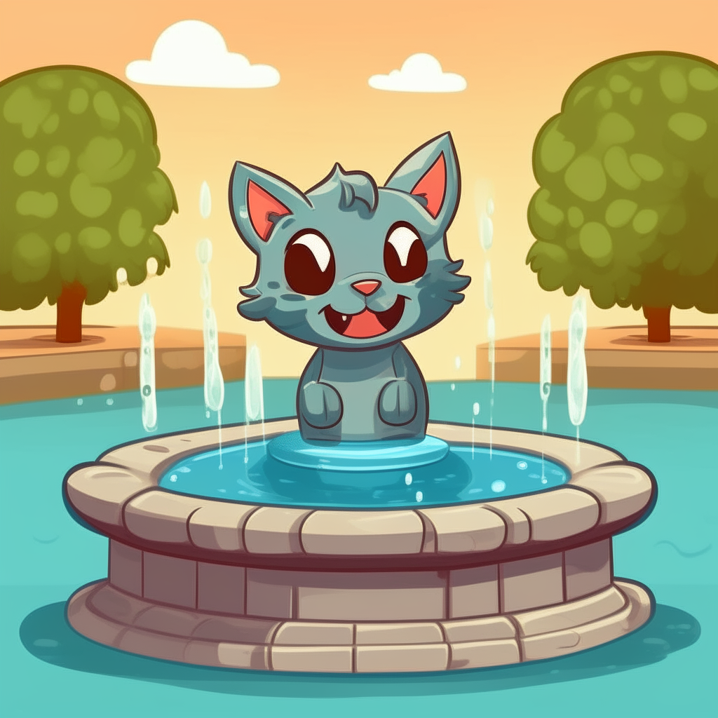 A cartoon kitten smiling happily while sitting by a small fountain