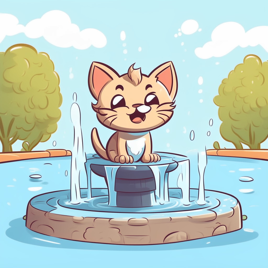 A cartoon kitten giggling playfully as it watches the water flow in a fountain