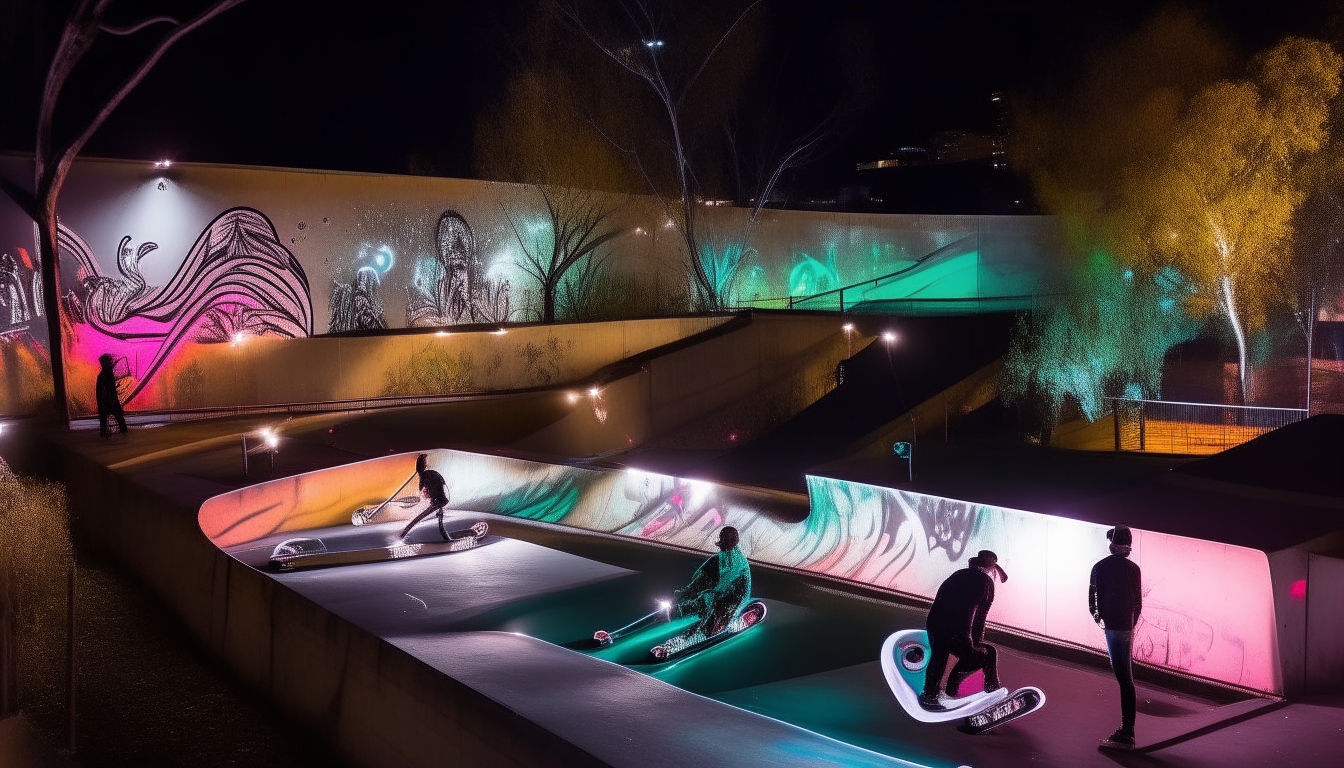 A modern urban skate park at night, showing skaters under vibrant streetlights with graffiti art on the walls