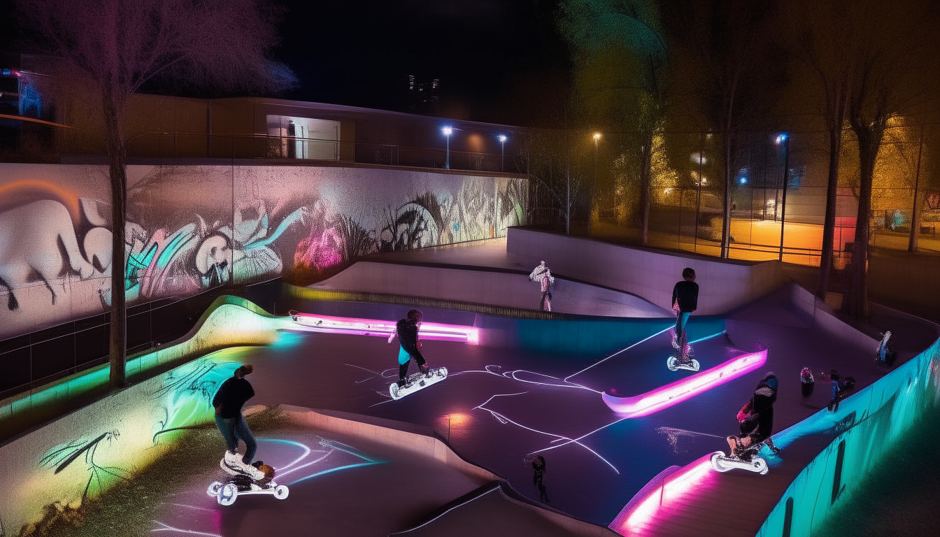 A modern urban skate park at night, showing skaters under vibrant streetlights with graffiti art on the walls