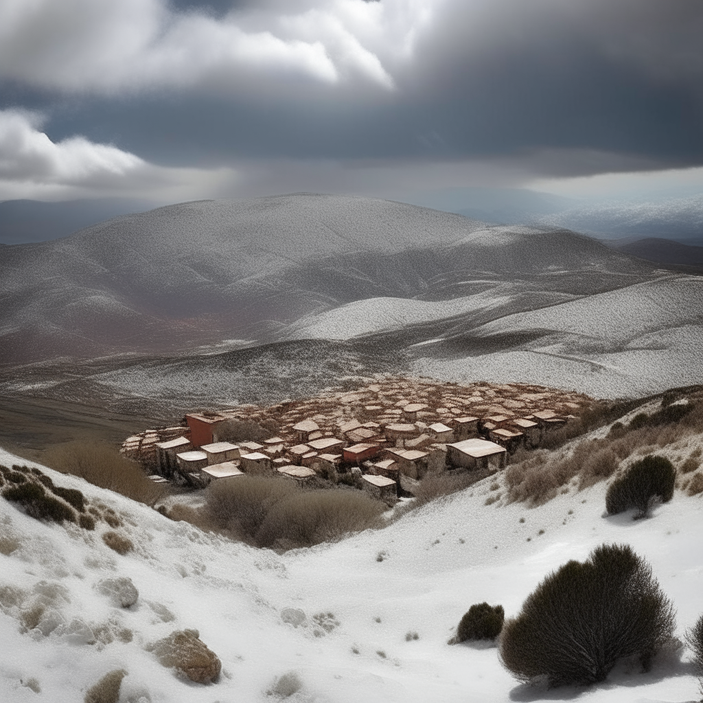 ["Una vista fotorrealista de una cadena montañosa cubierta de nieve vista desde el pueblo más cercano mientras una fuerte nevada cubre el área. Las montañas se alzan altas en medio de un manto de polvo fresco, sus picos desaparecen entre nubes ondulantes. En primer plano, el pueblo es cubierto de nieve, los tejados cubiertos de blanco. Es una escena invernal impresionante y maravillosa."]
