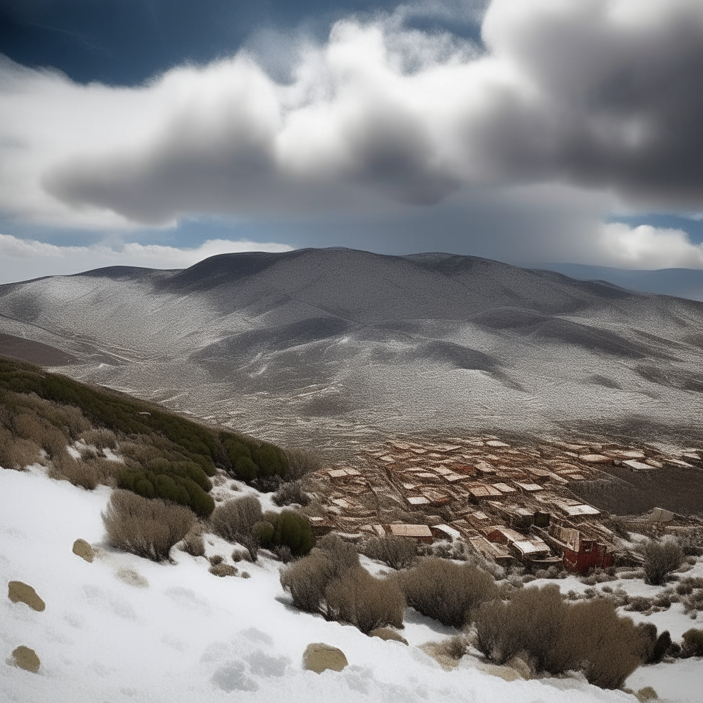 ["Una vista fotorrealista de una cadena montañosa cubierta de nieve vista desde el pueblo más cercano mientras una fuerte nevada cubre el área. Las montañas se alzan altas en medio de un manto de polvo fresco, sus picos desaparecen entre nubes ondulantes. En primer plano, el pueblo es cubierto de nieve, los tejados cubiertos de blanco. Es una escena invernal impresionante y maravillosa."]
