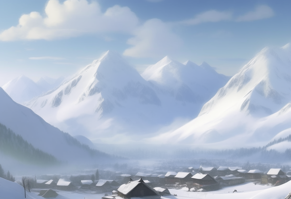 A photorealistic view of a snow-capped mountain range seen from the nearest village as a heavy snowfall blankets the area. The mountains stand tall amidst a blanket of fresh powder, their peaks disappearing into billowing clouds. In the foreground, the village is dusted with snow, the rooftops piled high with white. It's a breathtaking winter wonderland scene.
