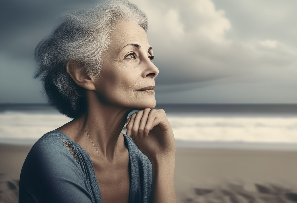 Create an image of a thoughtful middle-aged lady on the beach