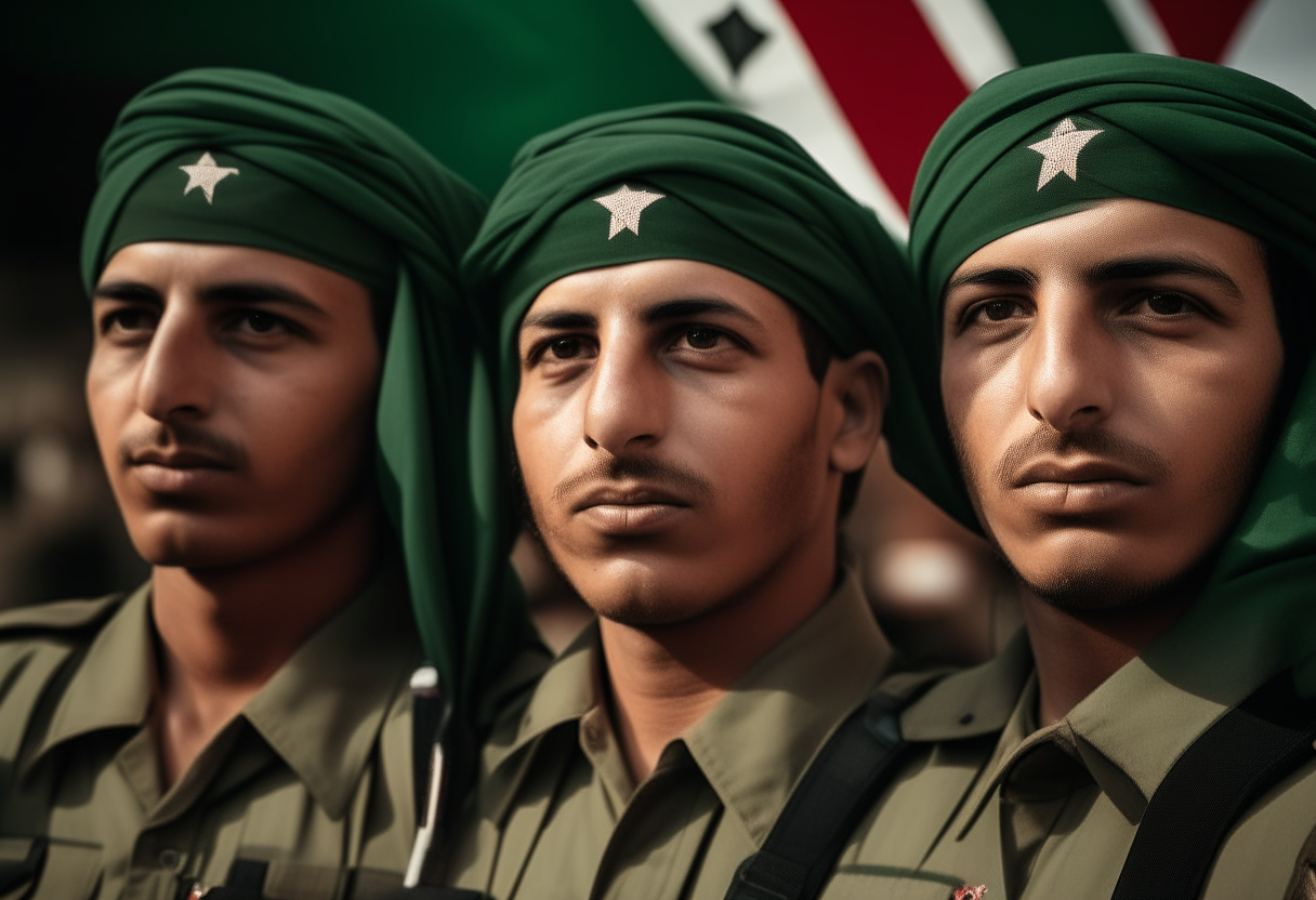 three palestinians soldiers ready to fight, detail in eyes, wearing niqab, with palestinian flag as background