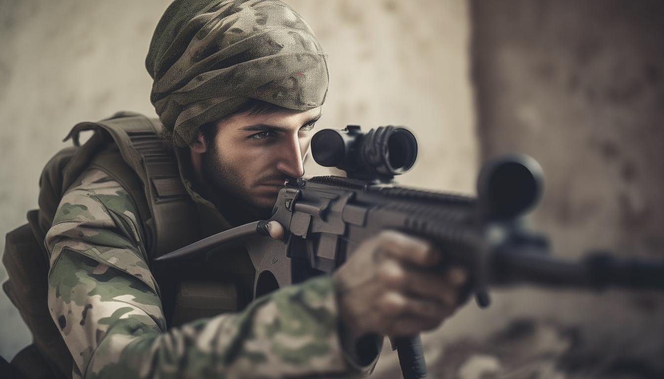 Palestinian fighters are shooting at enemy troops, their eyes focused on measuring the enemy's whereabouts. he wears a head covering. photo realistic -AR 16:13 -motion 2