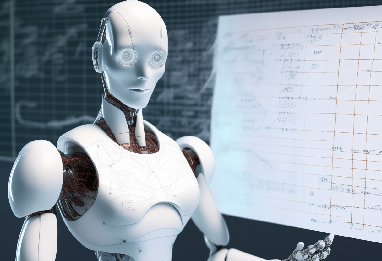 A super intelligent humanoid robot with a futuristic design, standing in front of a glass board and writing complex mathematical equations and formulas on it with a marker