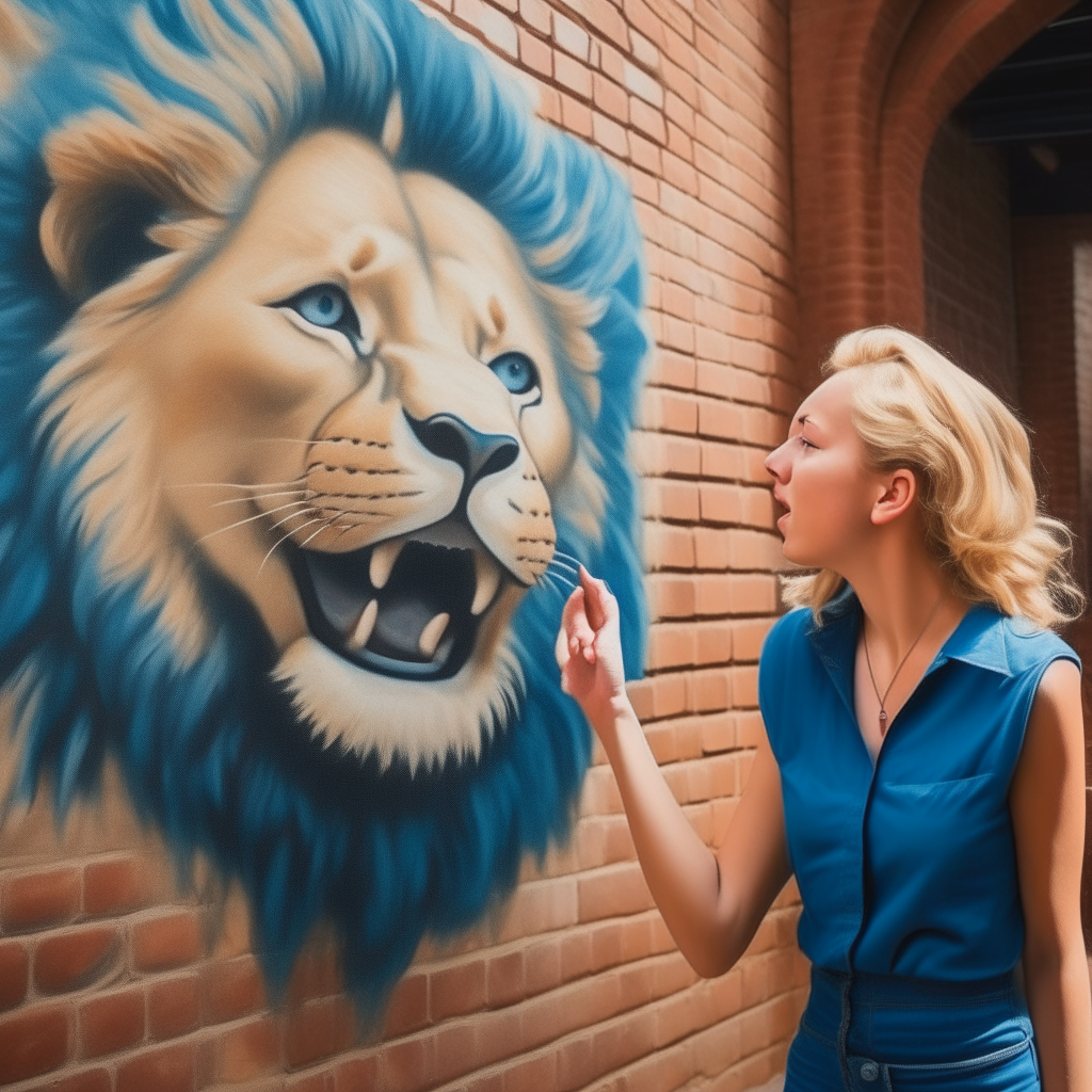 A young woman with blonde hair in a blue dress gazes at a detailed oil painting of a roaring lion on a brick wall